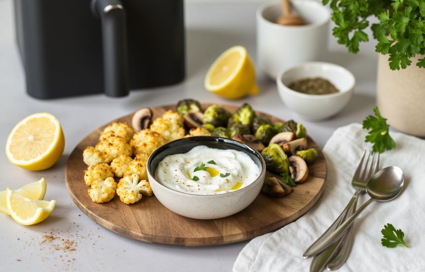 Verschiedene Gemüse auf einem Holzbrett um ein Schälchen mit veganem Dip