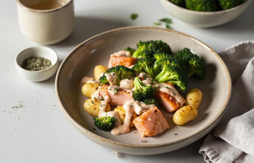 Gnocchi, Lachs und Brokkoli getoppt mit Sauce auf einem tiefen Teller