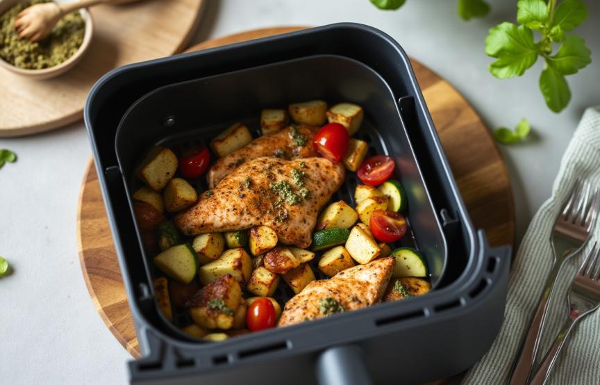 Hähnchenbrust, Gemüse und Kartoffeln zubereitet im Garkorb einer Heißluftfritteuse