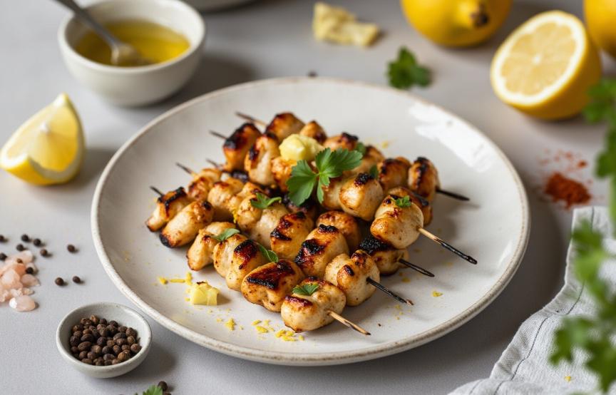 Mehrere Hähnchenspieße in Knoblauch-Zitronen-Marinade auf einem Teller