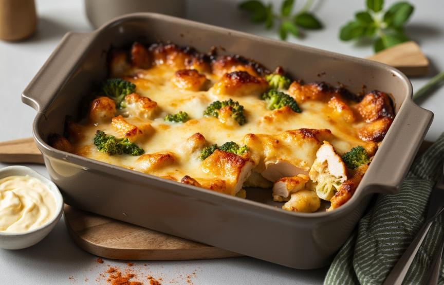 Brokkoli-Auflauf mit Hähnchen und Kartoffeln mit Käse überbacken auf einem Tisch