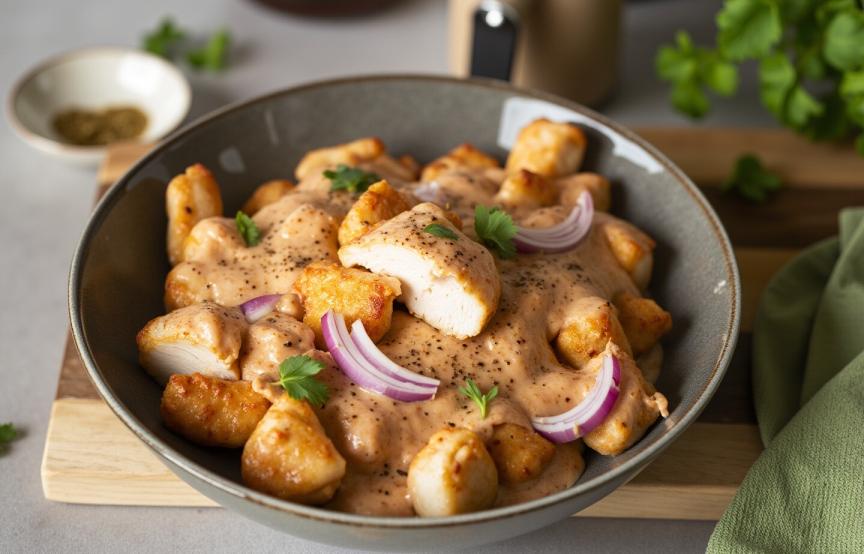 Hähnchengeschnetzeltes mit Sauce auf einem tiefen Teller