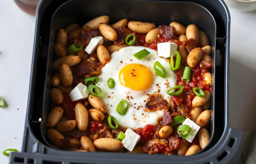 High Protein: Bohnen in Tomatensauce mit Feta und Ei