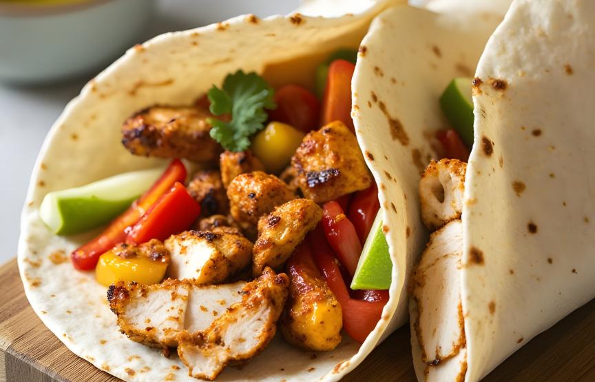 Zwei Fajitas gefüllt mit Hähnchen und Paprika auf einem Holzbrett