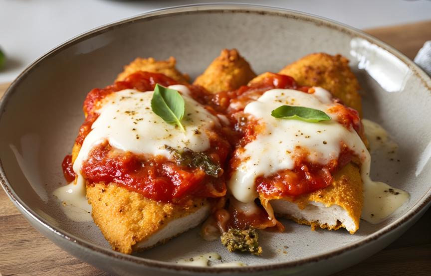 Zwei gebackene, panierte Hähnchenbrustfilets mit Tomatensauce und Mozzarella überbacken auf einem Teller