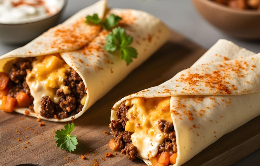 Zwei spicy Chili Cheese Wraps gebacken auf einem Holzbrett