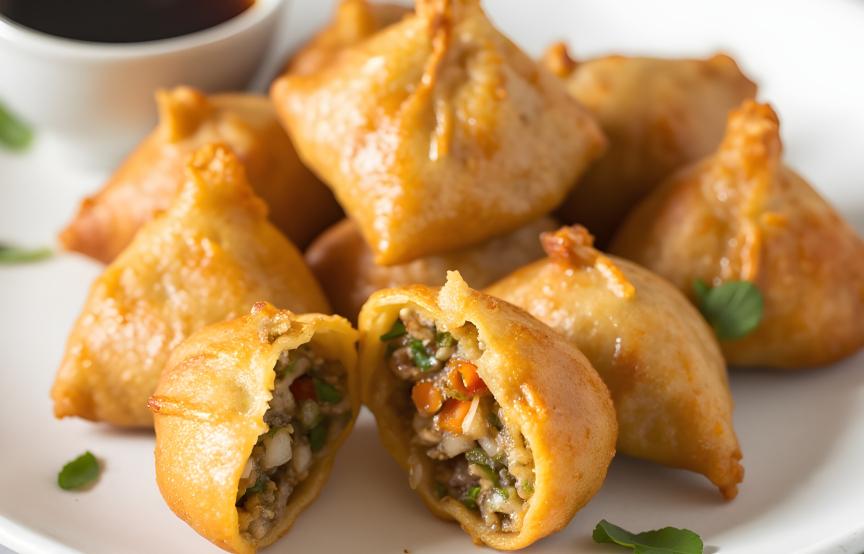 Mehrere Vegetarische Momos auf einem Teller, daneben Sauce