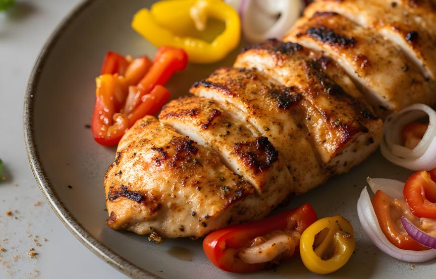 Ein Stück Hähnchenbrust und Paprikagemüse auf einem Teller