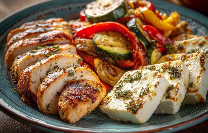 Griechischer Grillteller mit Hähnchen, Feta und Gemüse