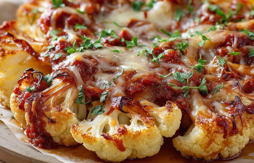 Überbackene Blumenkohlsteaks mit Tomatensauce