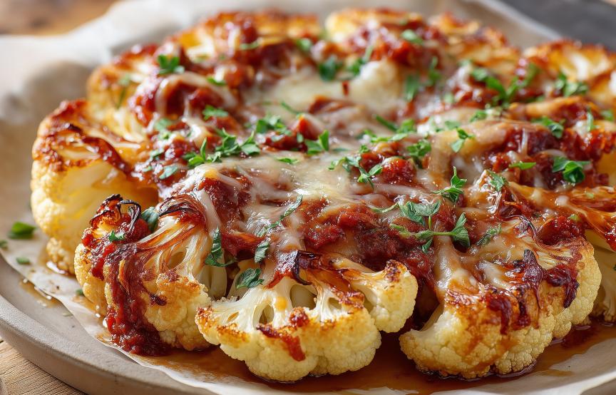 Überbackene Blumenkohlsteaks mit Tomatensauce