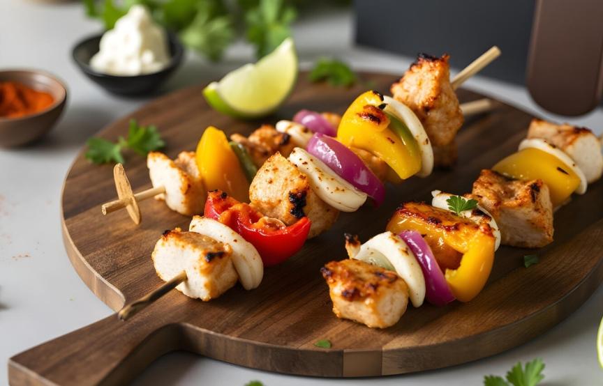 Saftige Airfryer Hähnchenspieße auf einem Holzbrett