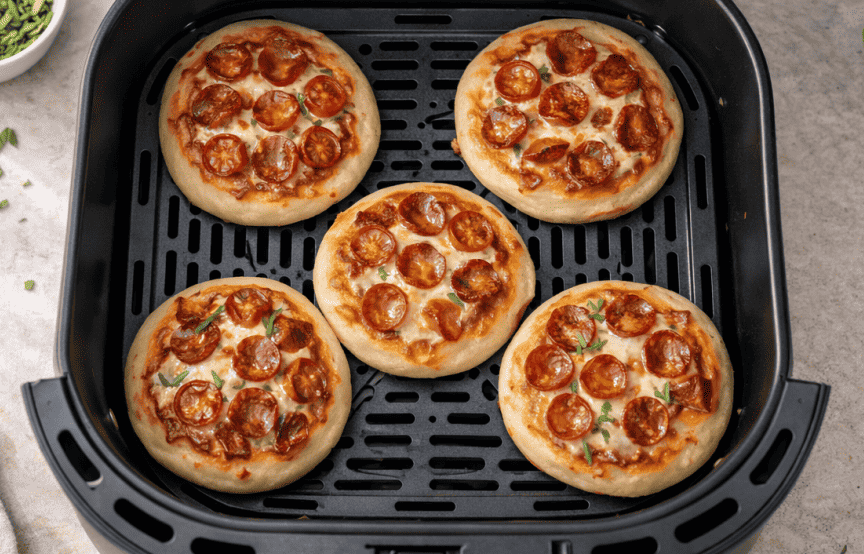 5 Mini-Pizzen in einem Airfryer mit Salami-Topping