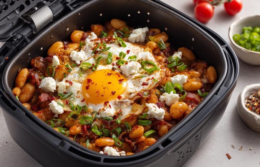 High Protein: Bohnen in Tomatensauce mit Feta und Ei
