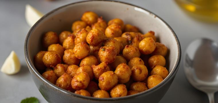 Gebackene und gewürzte Kichererbsen in einer Schüssel Gebackene und gewürzte Kichererbsen in einer Schüssel