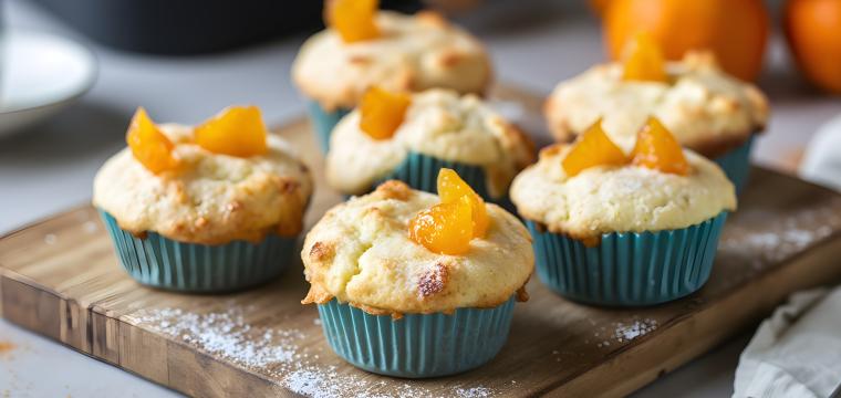 Käsekuchen-Muffins mit Mandarinen dekoriert auf einem Holzbrett Käsekuchen-Muffins mit Mandarinen dekoriert auf einem Holzbrett