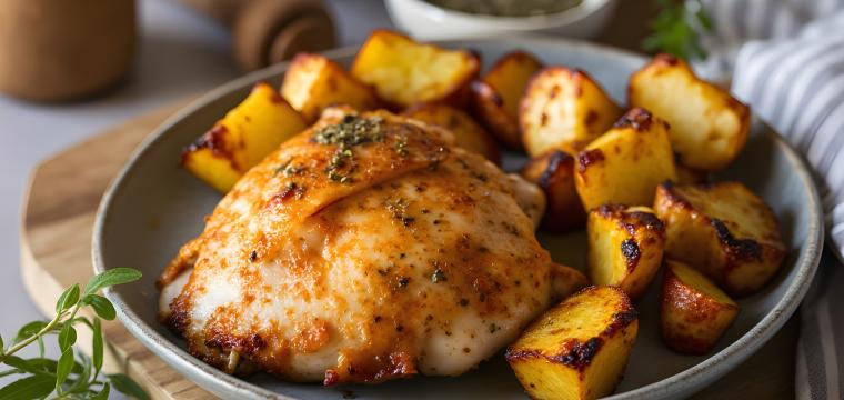 Ein Stück eines ganzen Hähnchens zusammen mit Kartoffeln auf einem Teller