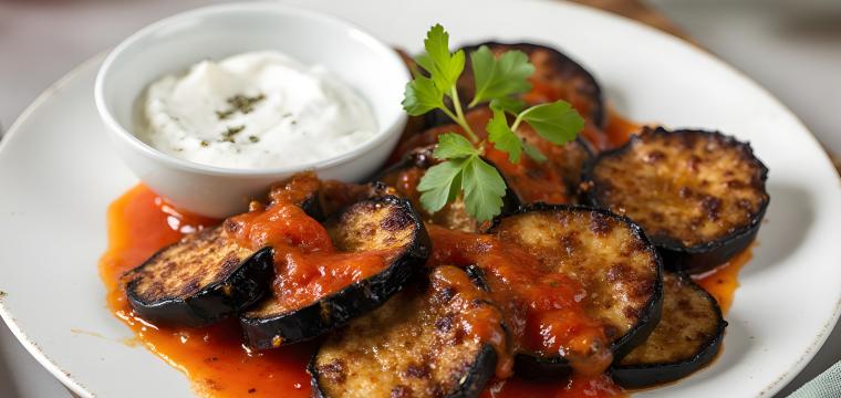 gebratene Auberginenscheiben übergossen mit Tomatensauce auf einem Teller, daneben Quark-Dip
