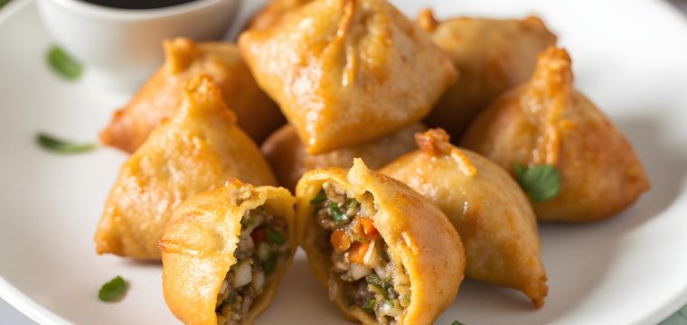 Mehrere Vegetarische Momos auf einem Teller, daneben Sauce