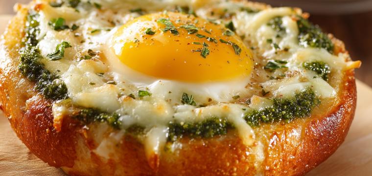 Knuspriger Bagel mit Ei und Pesto Knuspriger Bagel mit Ei und Pesto