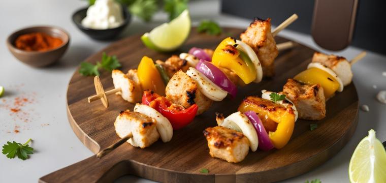 Saftige Airfryer Hähnchenspieße auf einem Holzbrett