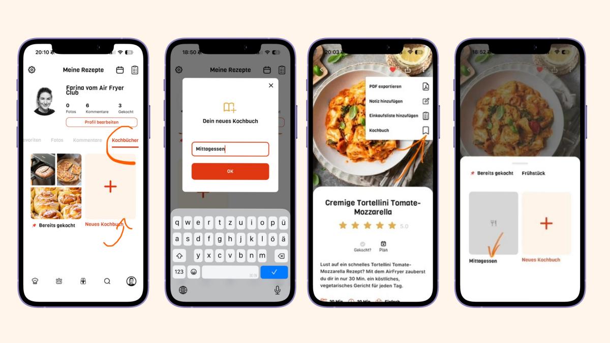 Vier Handybildschirme mit Screenshot der Air Fryer Club App