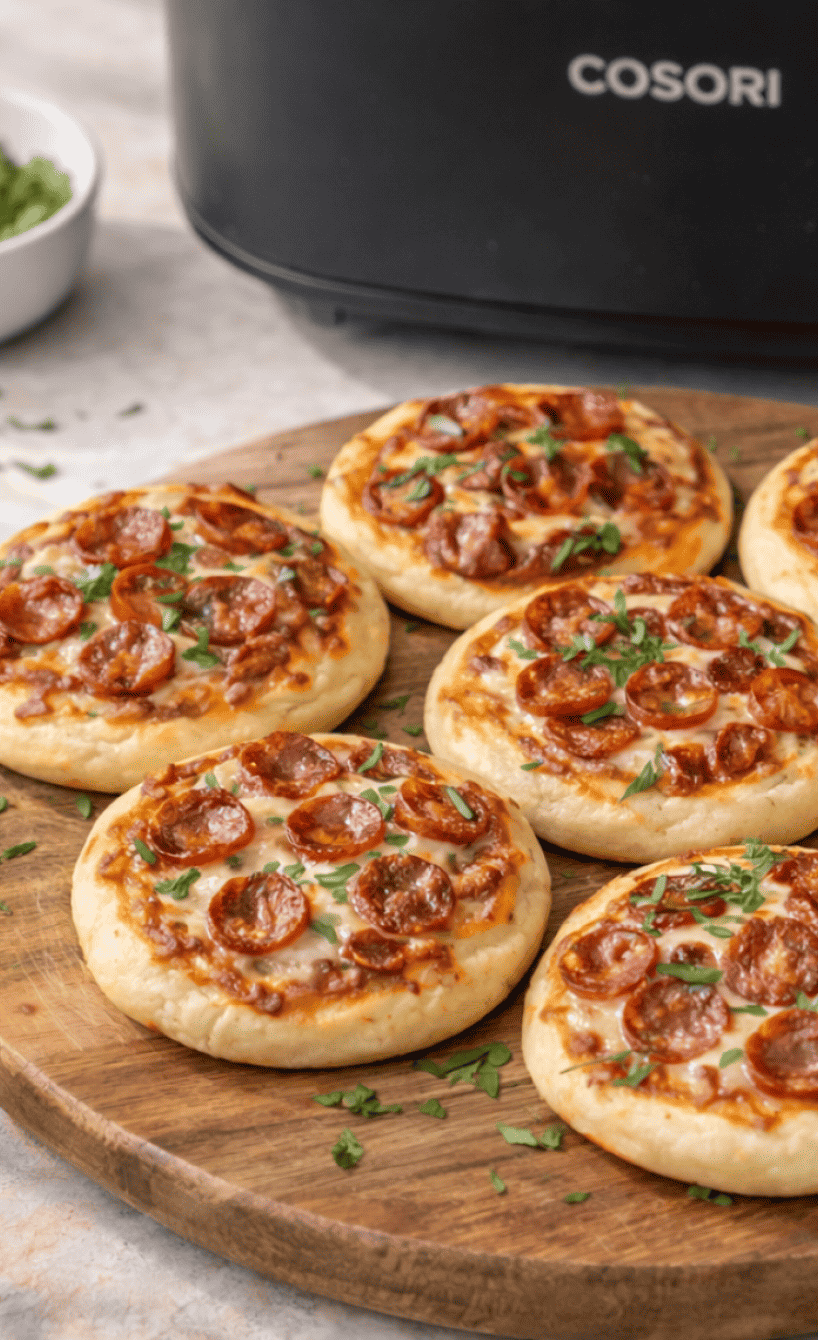 7 Mini-Pizzen auf einem Holzbrett vor einem Airfryer