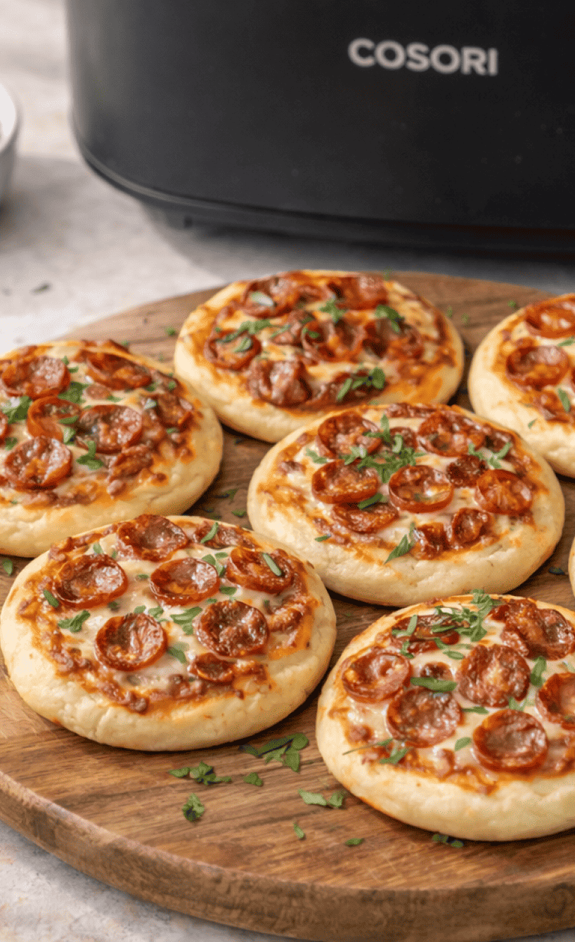 7 Mini-Pizzen auf einem Holzbrett vor einem Airfryer