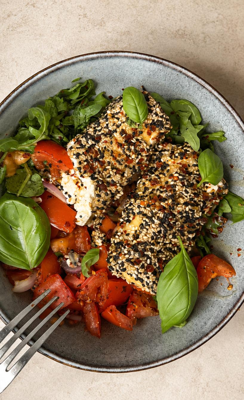 Sesam Feta auf lauwarmen Tomatensalat