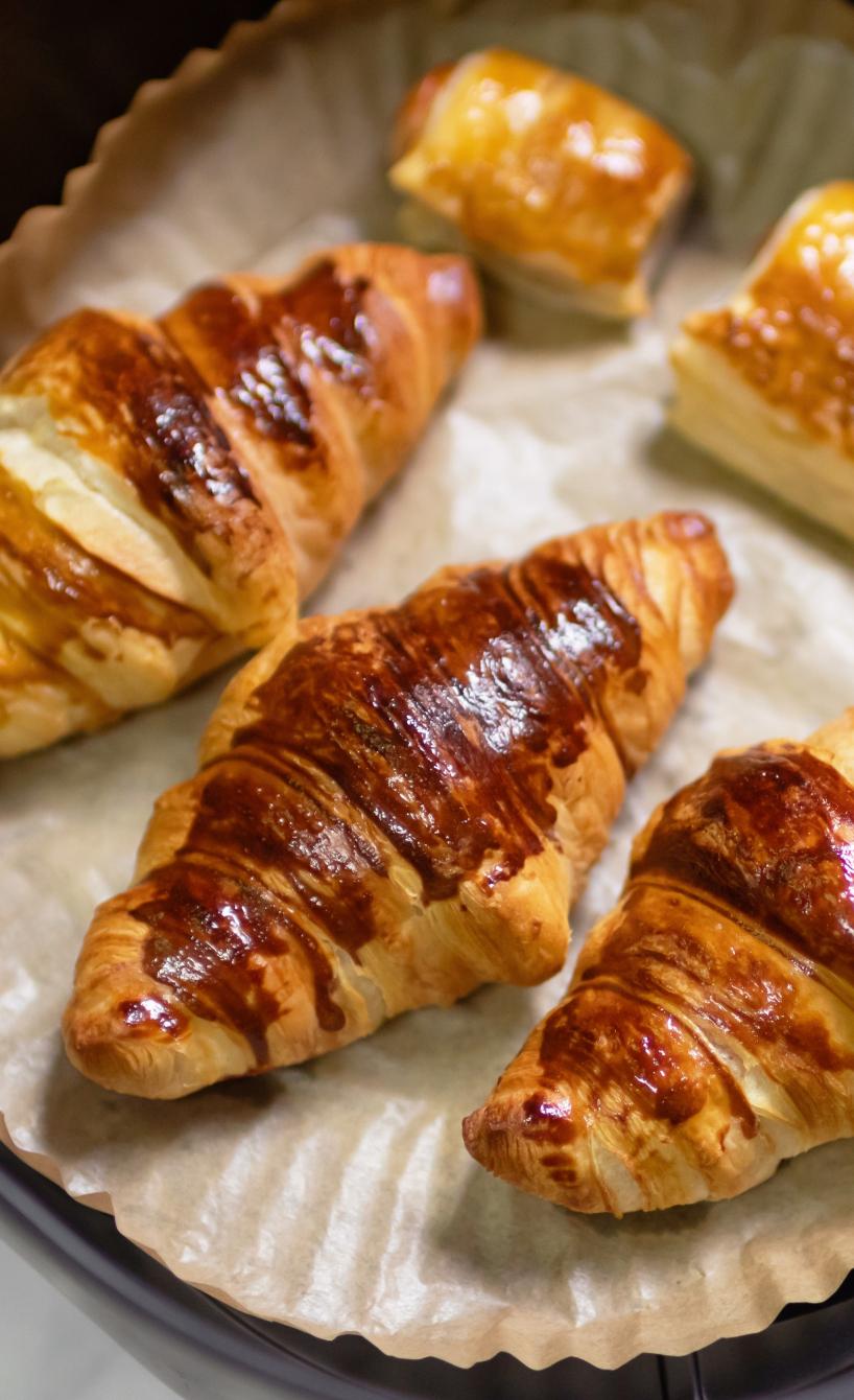 Selbst gebackene Croissants und Pasteten auf einem Stück Backpapier in der Schublade einer Heißluftfritteuse