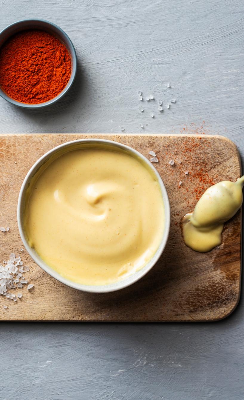 Selbstgemachte Mayonnaise in einem Schälchen.