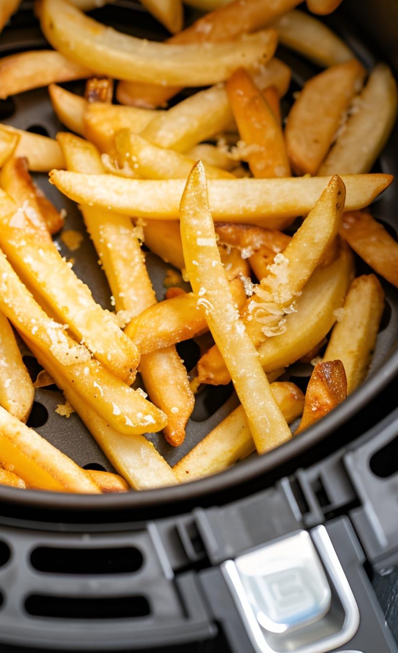 Selbstgemachte Pommes in der Schublade einer Heißluftfritteuse