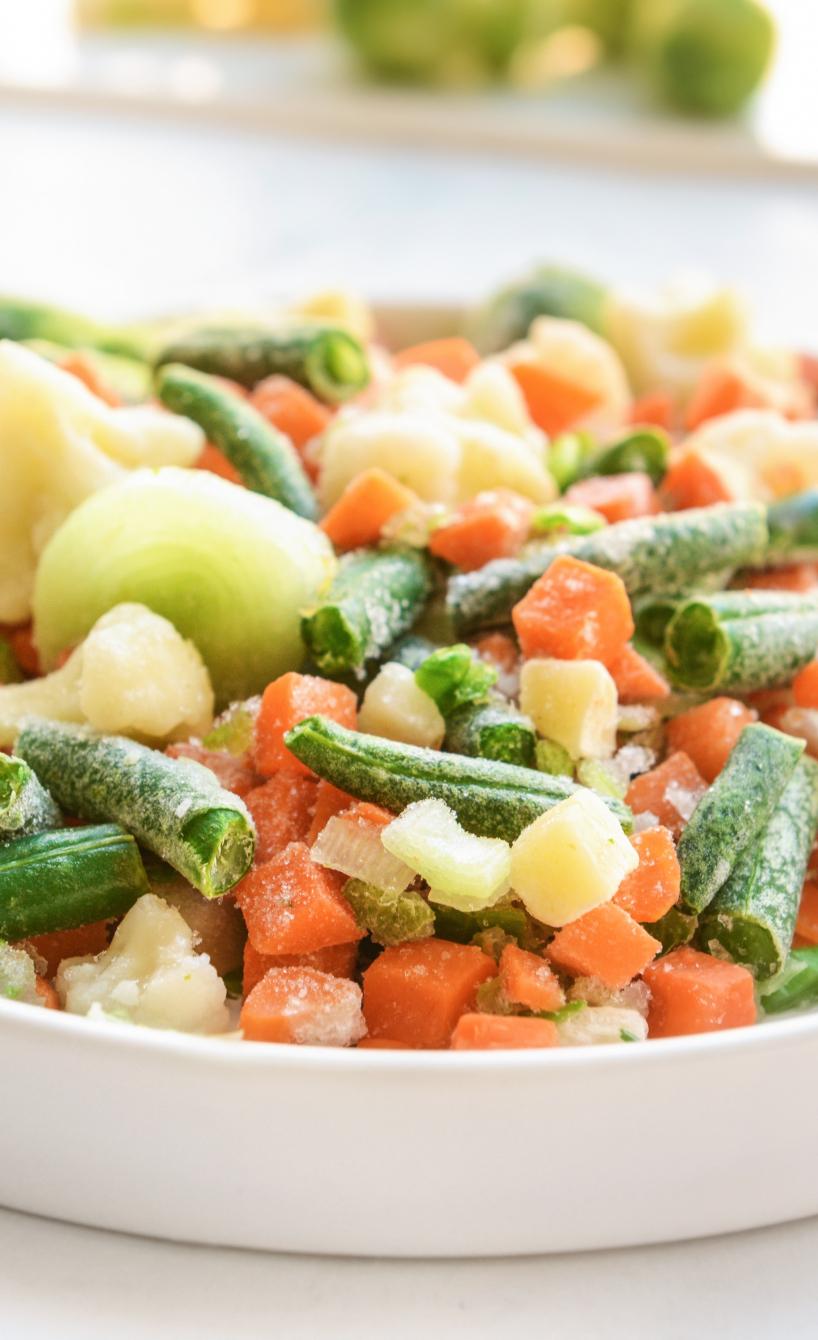 gemischtes tiefgekühltes Gemüse auf einem tiefen Teller für die Zubereitung in der Heißluftfritteuse