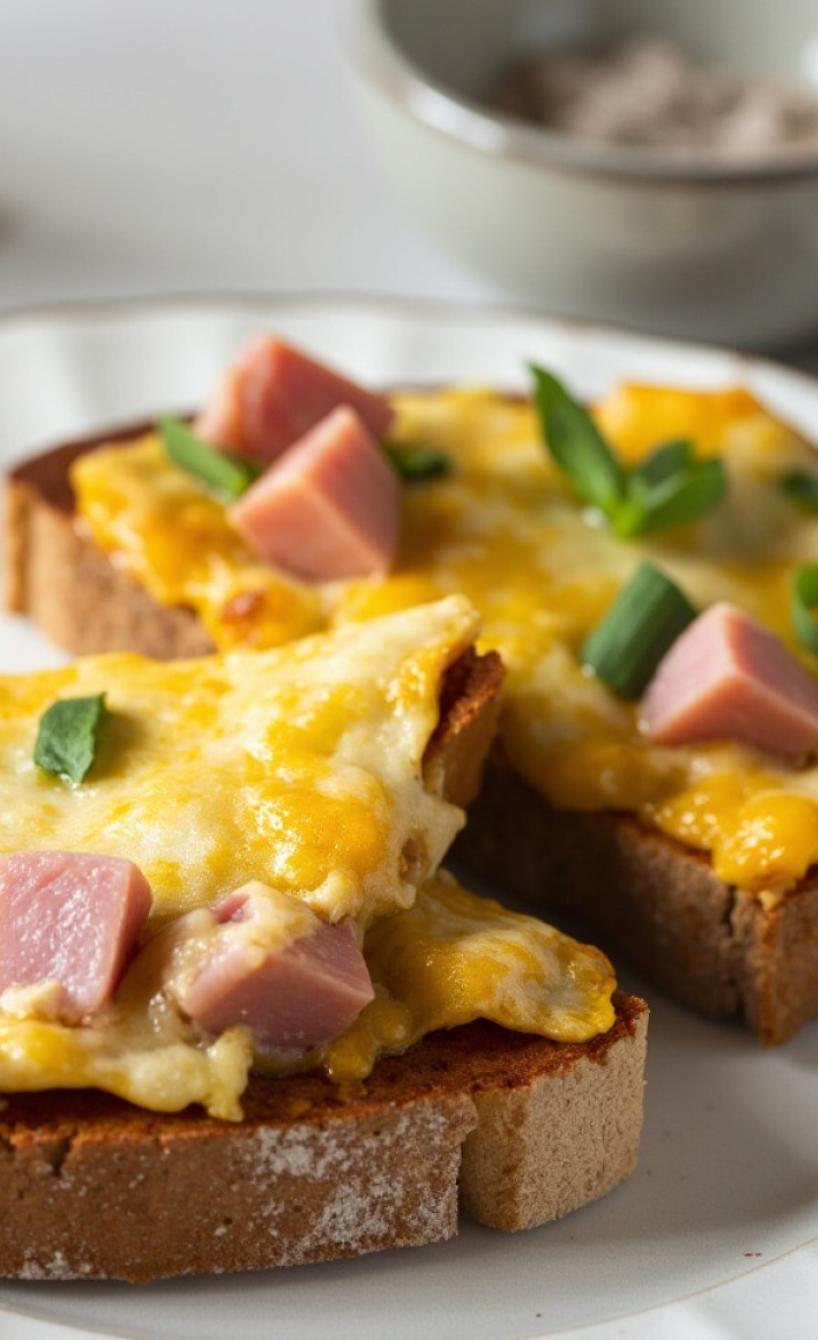 Eine halbierte Scheibe Toast mit Omelette belegt