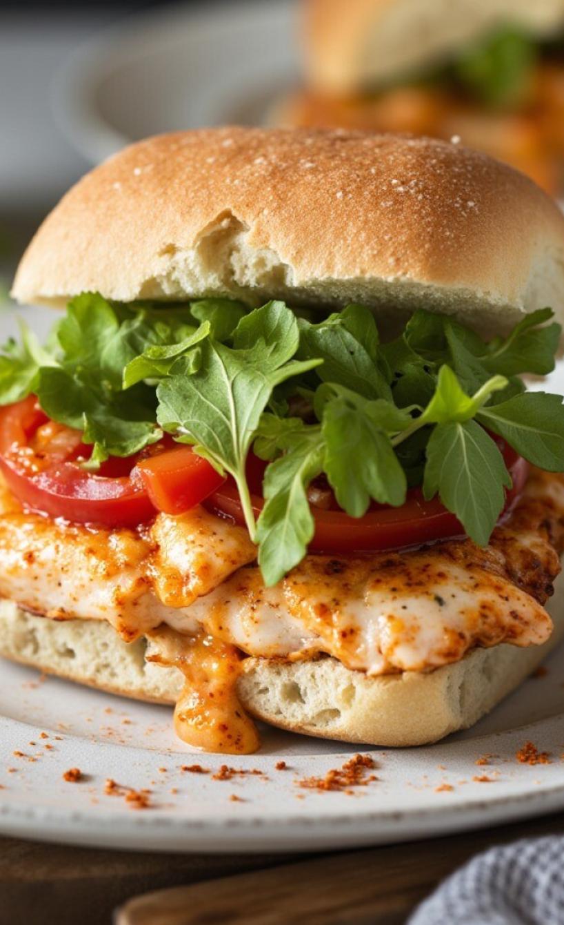 Ein Peri-Peri Chicken-Burger mit Salat uns Soße auf einem Teller