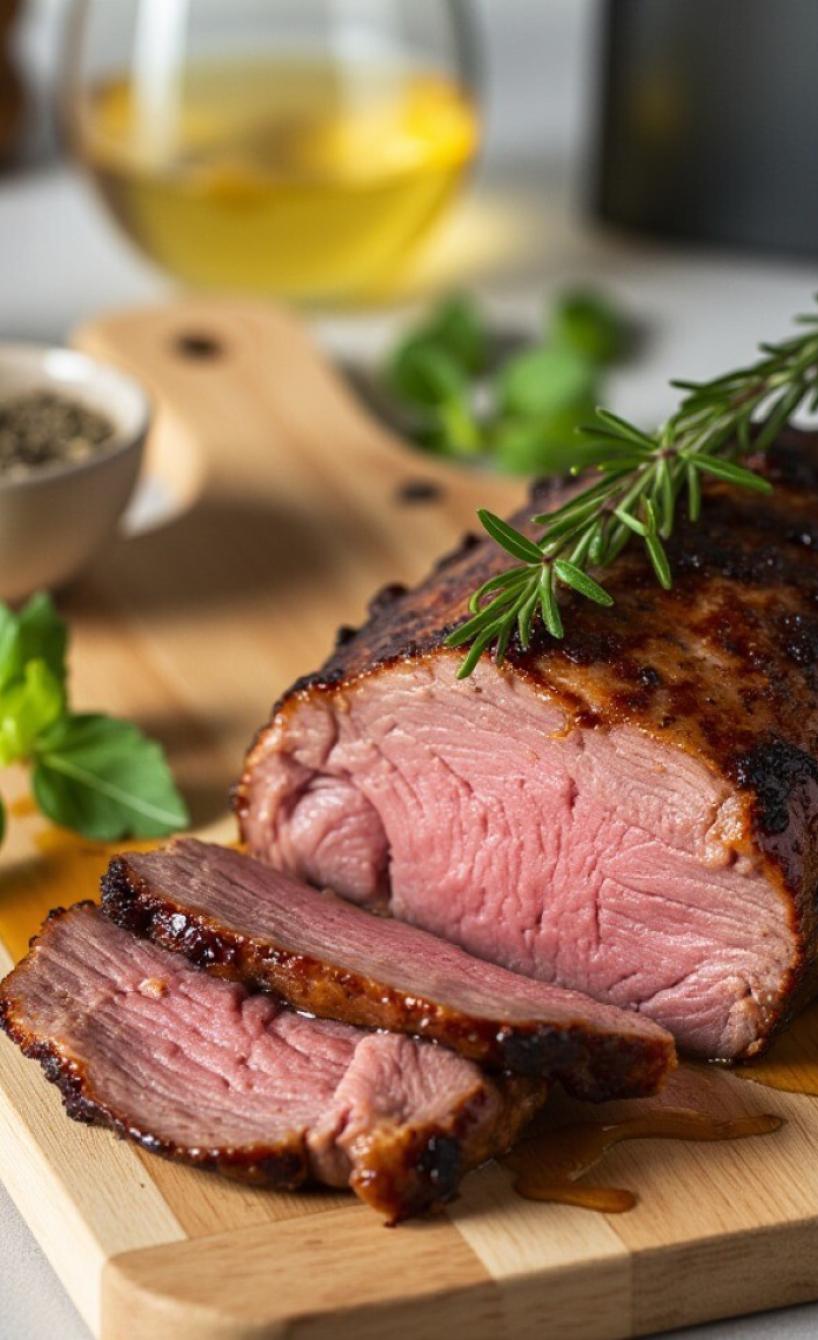 Ein angeschnittenes Stück Roastbeef auf einem Holzbrett vor einer Heißluftfritteuse