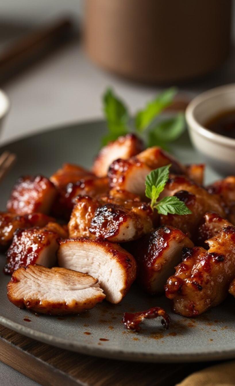 Gebackene Schweinfleischstücke auf einem Teller, daneben Char Siu-Marinade in einer Schale