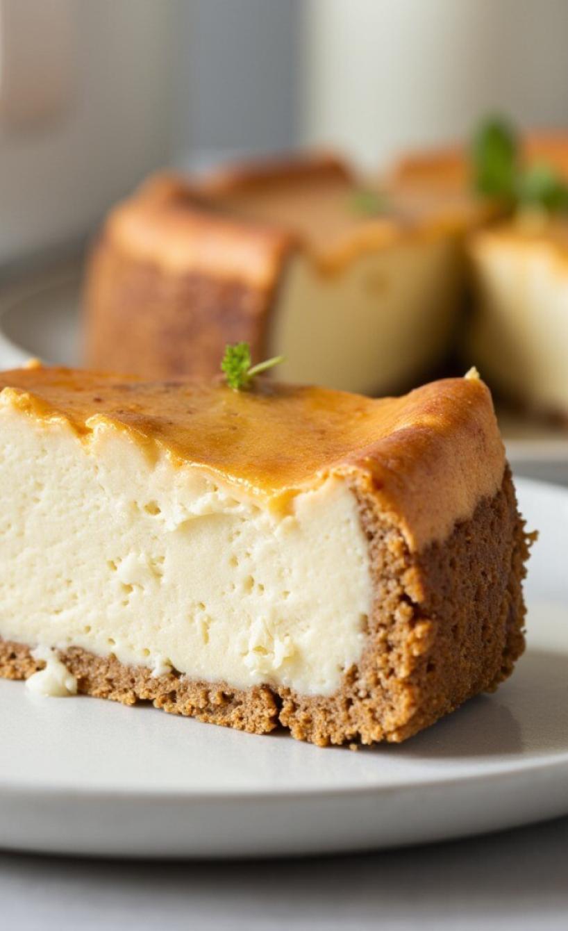 Ein Stück Käsekuchen auf einem Kuchenteller, dahinter der Rest des Kuchen auf einer Kuchenplatte