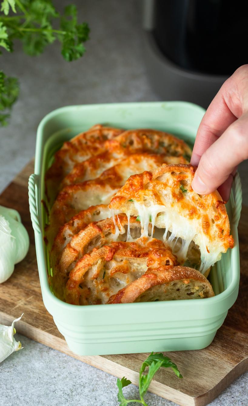 Knoblauch-Käse-Crumpets in einer Backform vor einer Heißluftfritteuse