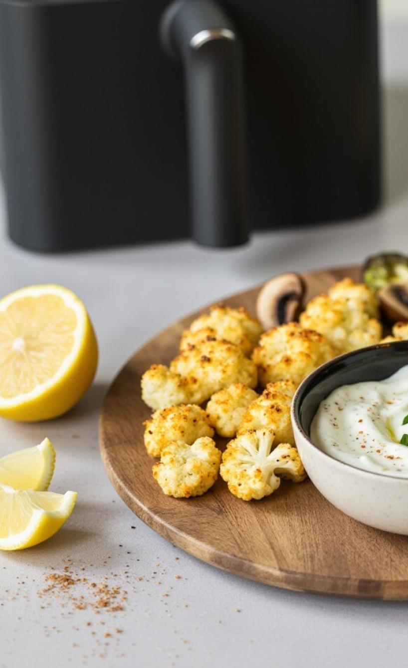 Verschiedene Gemüse auf einem Holzbrett um ein Schälchen mit veganem Dip