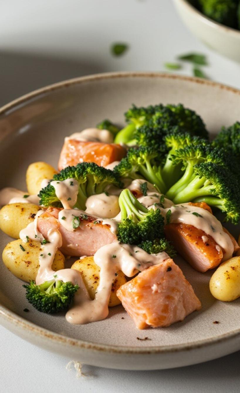 Gnocchi, Lachs und Brokkoli getoppt mit Sauce auf einem tiefen Teller