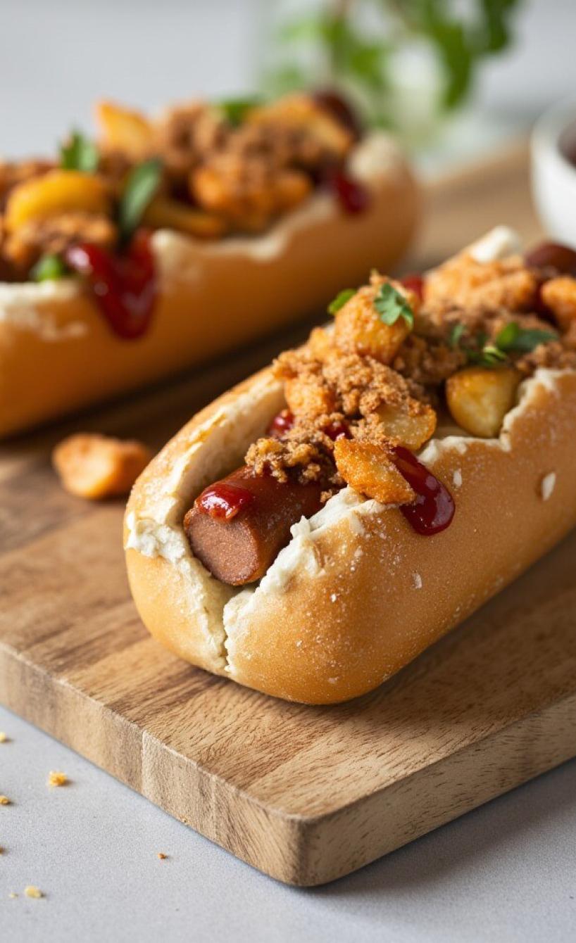 Zwei Hot Dogs mit verschiedenen Toppings auf einem Holzbrett