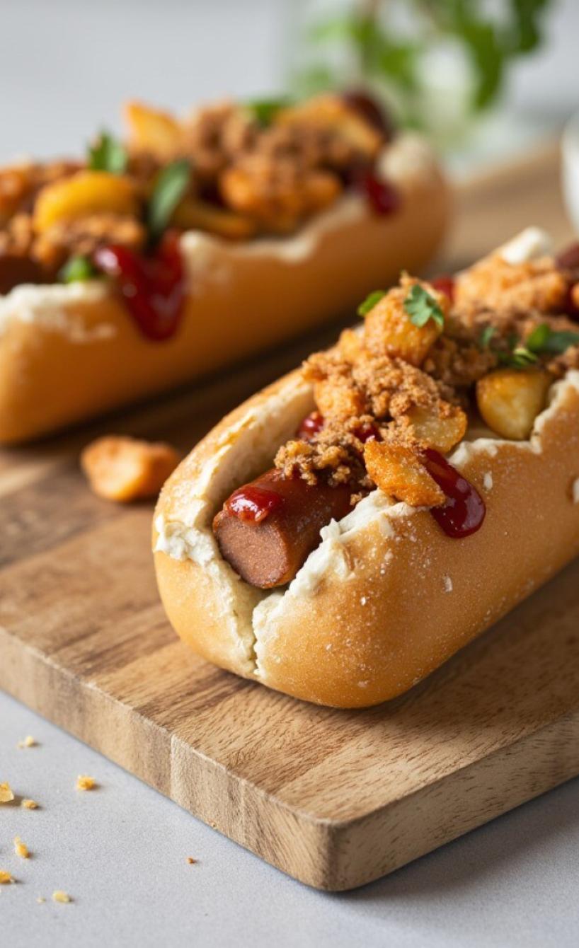 Zwei Hot Dogs mit verschiedenen Toppings auf einem Holzbrett