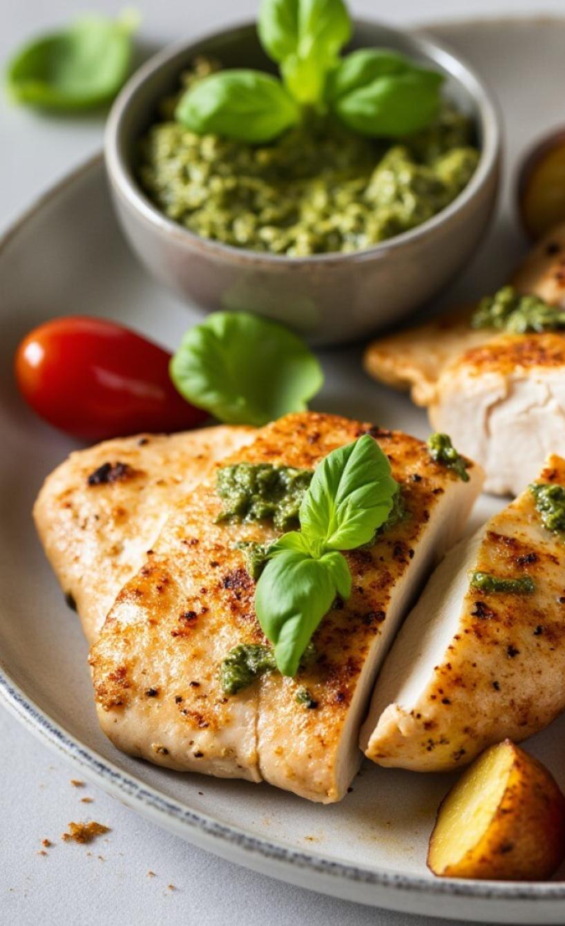 Italienisches Hähnchen mit Drillingen, Tomaten und Pesto angerichtet auf einem tiefen Teller