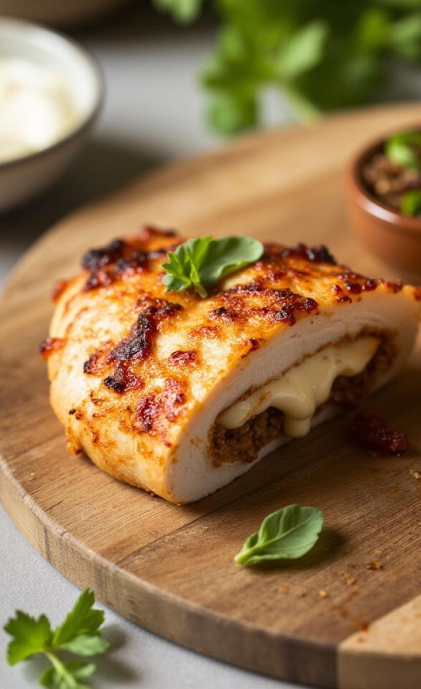Halbiertes Hähnchen Cordon Bleu mit geschmolzenem Mozzarella und pesto gefüllt