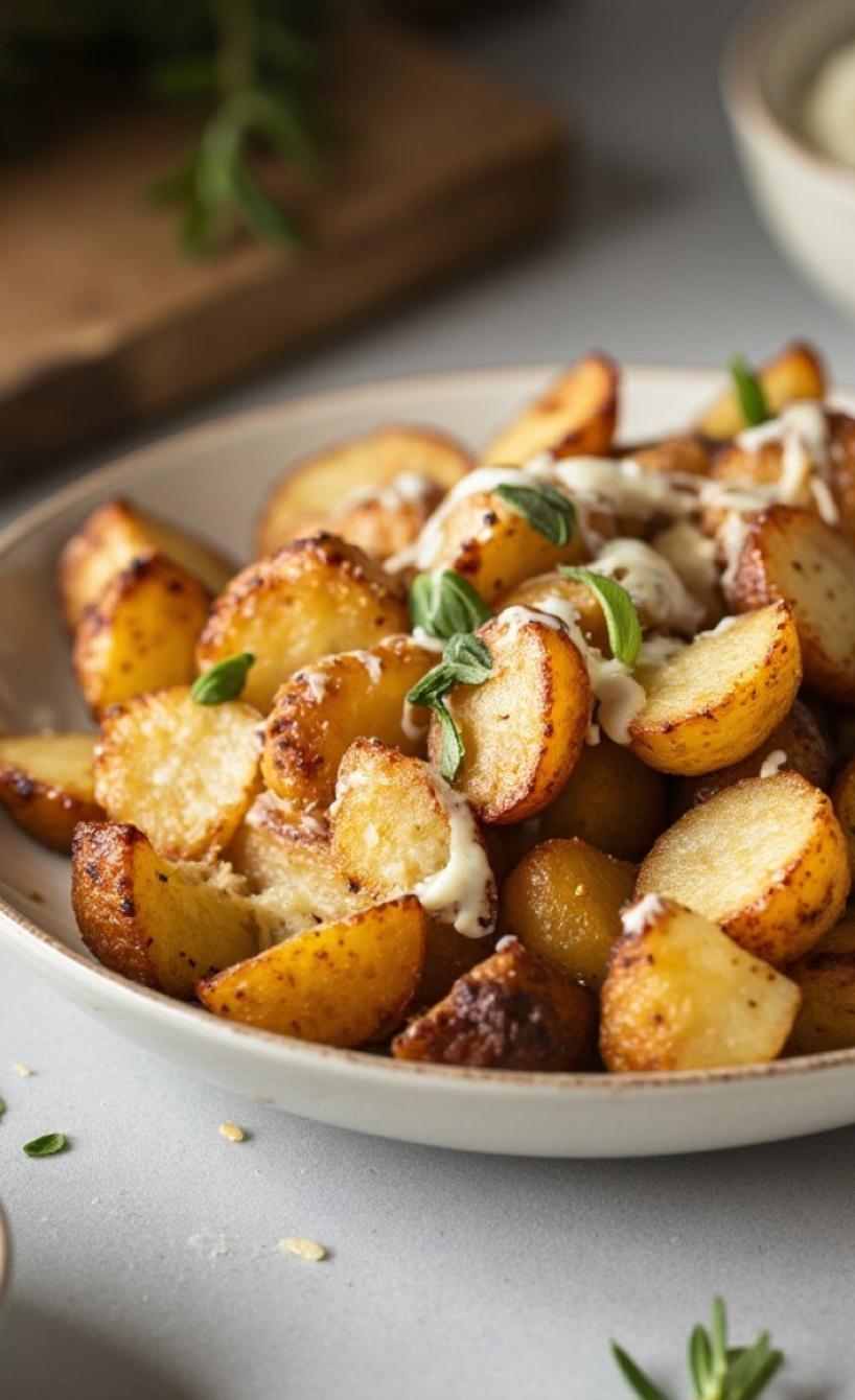 Parmesan-Kartoffeln auf einem Teller getoppt mit frischen Kräutern