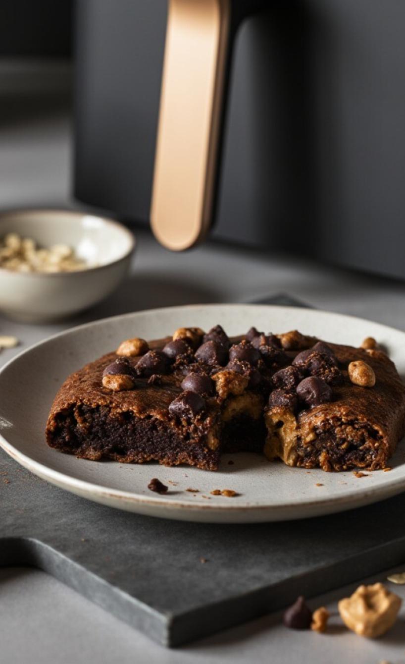Selbstgebackene Protein Brownies mit Schokodrops auf einem Teller vor einer Heißluftfritteuse