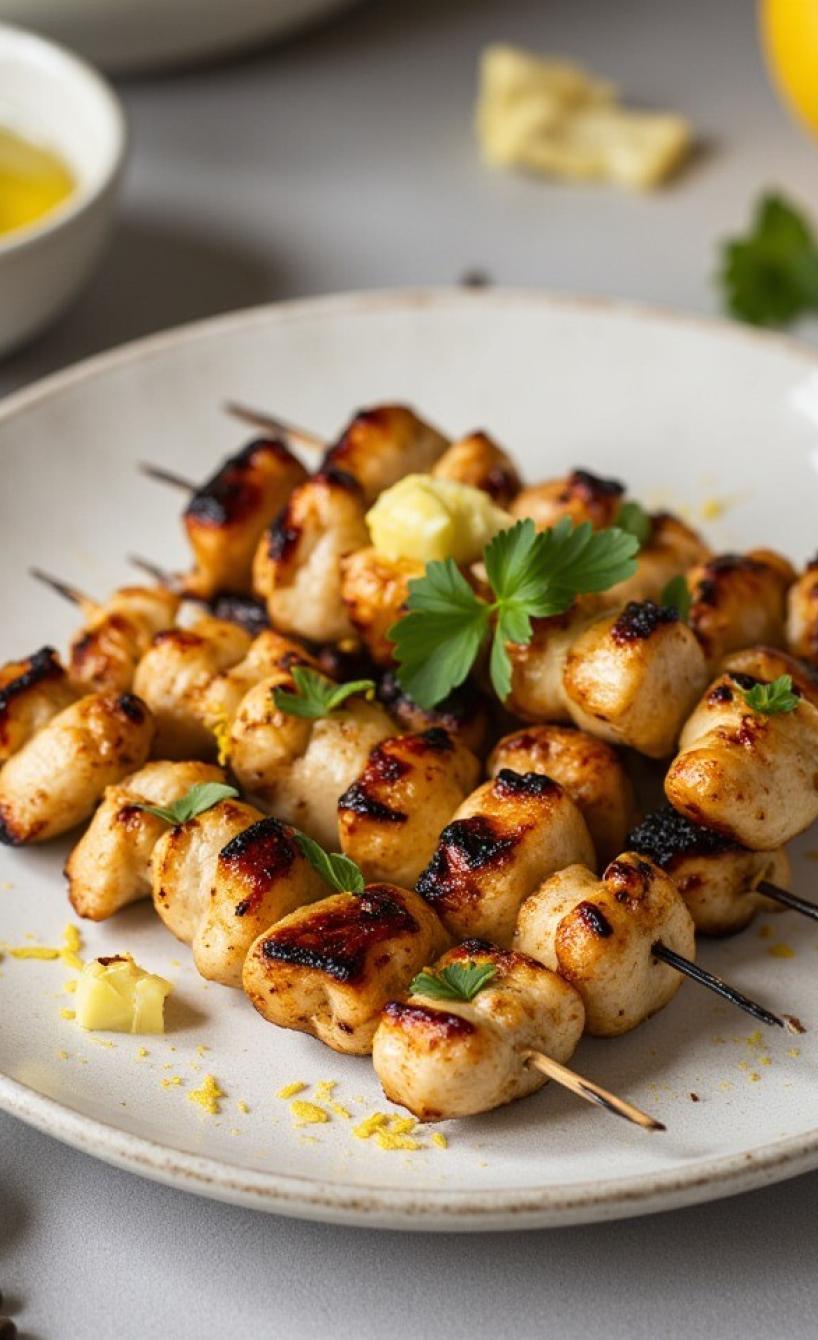 Mehrere Hähnchenspieße in Knoblauch-Zitronen-Marinade auf einem Teller