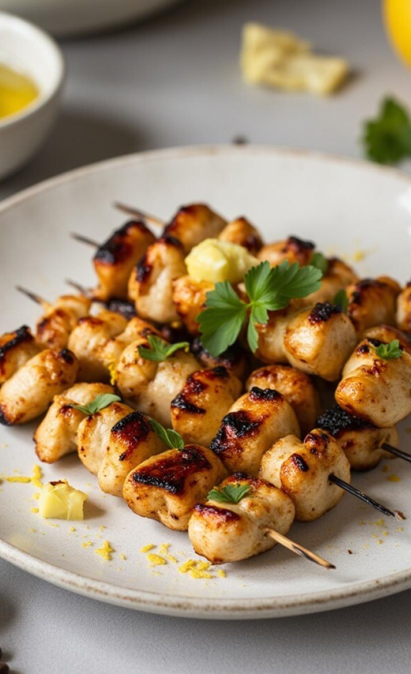 Mehrere Hähnchenspieße in Knoblauch-Zitronen-Marinade auf einem Teller
