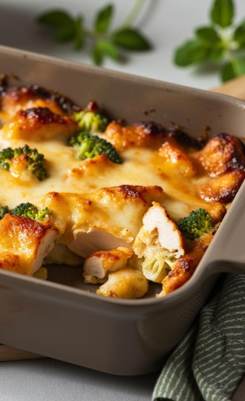 Brokkoli-Auflauf mit Hähnchen und Kartoffeln mit Käse überbacken auf einem Tisch